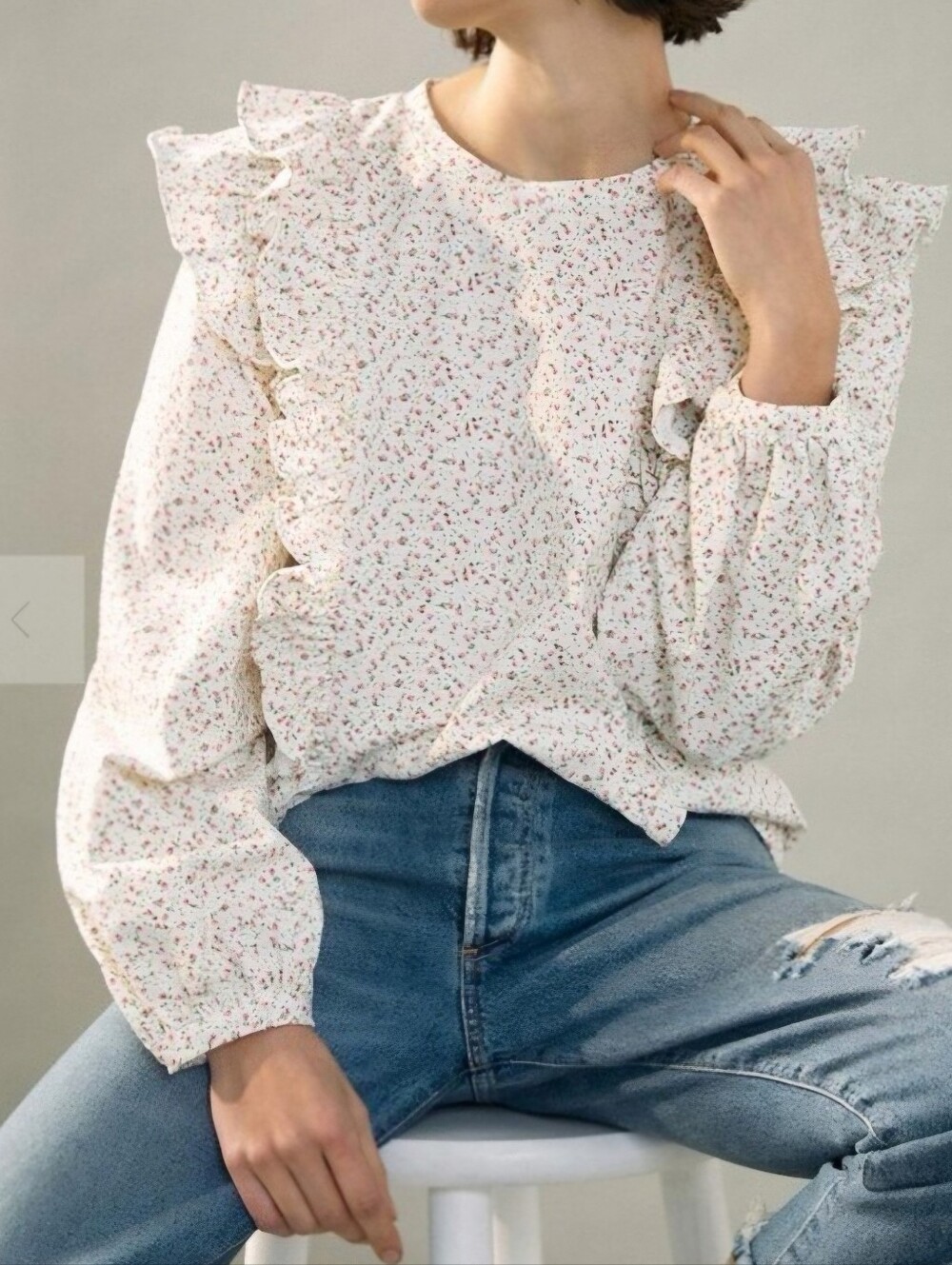 Anthropologie Cream Floral Ruffle Blouse Sz L